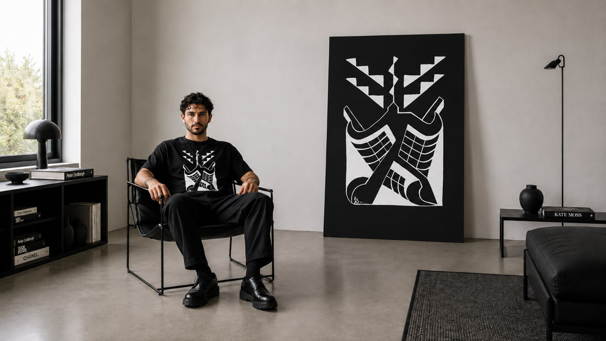Uomo seduto con T-shirt Unconscious Vision Art e quadro su tela nera coordinato